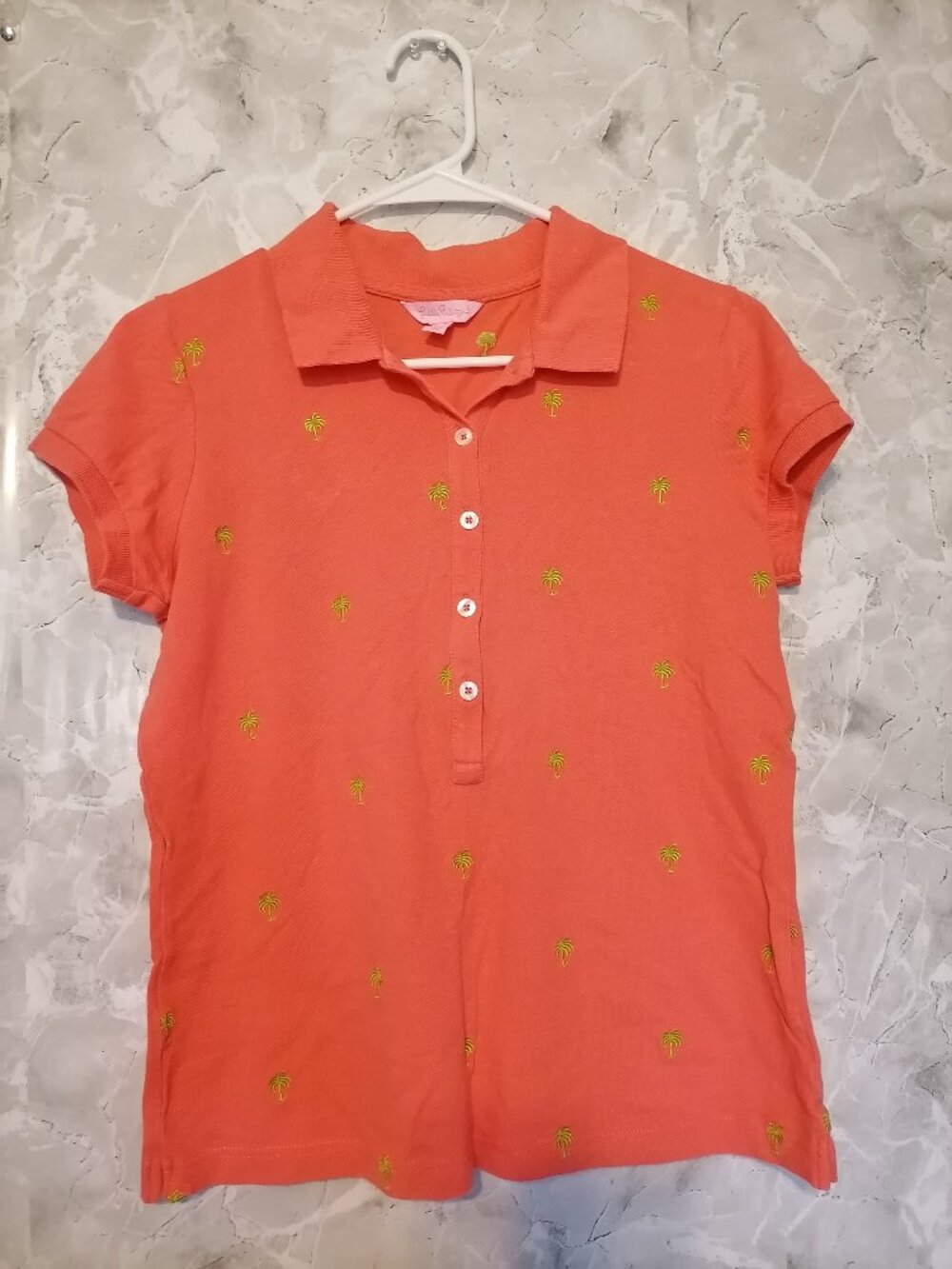 Lilly Pulitzer Polo Cotton spandex Embroidered Palm Tree Print orange Top Size S
